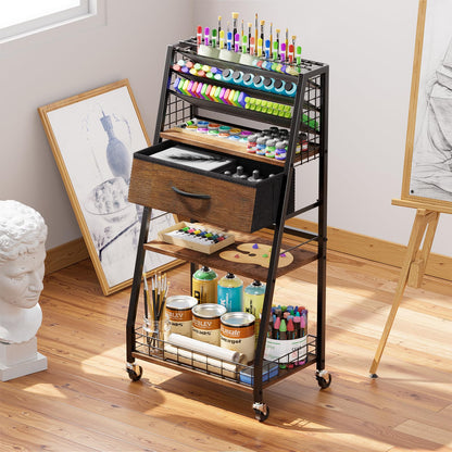 Housolution 3 Tier Rolling Cart with Drawer, Utility Cart with Lockable Wheels, Multi-Functional Arts and Crafts Organizer Storage for Brushes & Paints & Artifacts, Ideal for Home Office Studio