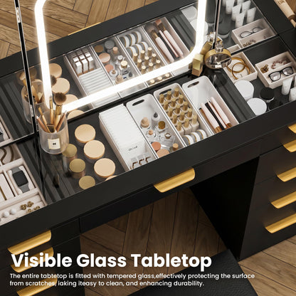 Fkhouse Glass Top Vanity Desk with Foldable Mirror and Lights, 11 Drawers Makeup Vanity with Charging Station, 3 Lighting Modes Dressing Table with Chair, Black