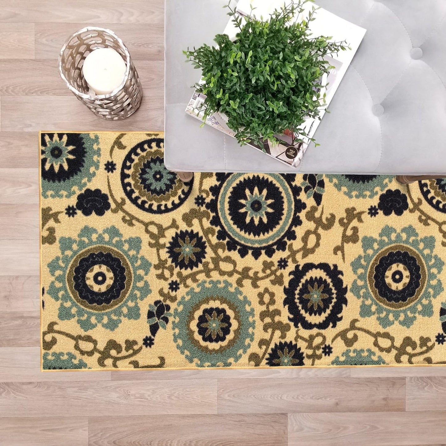 Custom Size Beige Floral Medallion Rubber Backed Non-Slip Hallway Stair Runner Rug, 31 Inch Wide, Choose Your Length