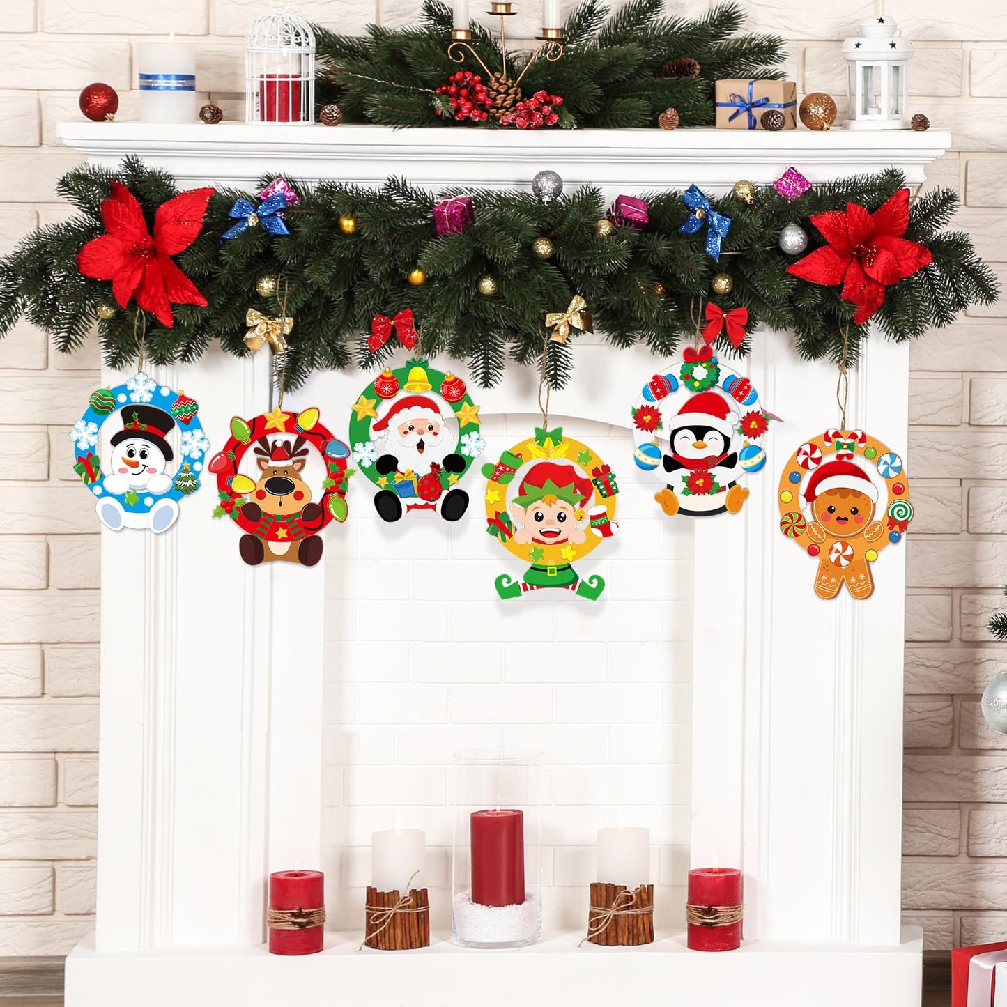 Cinrobiye 24 Set Christmas Wreath Craft Kits DIY Winter Hanging Wreath Ornament Decorations Kit Xmas Snowmen Snowflake Santa Claus Crafts for Holiday Christmas Home Classroom Party Activities Project
