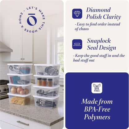 HOMZ 10-Pack Snaplock Storage Organizer Bins - Clear Plastic Containers with Lids, 6 Quart, White | Stackable for Home & Office