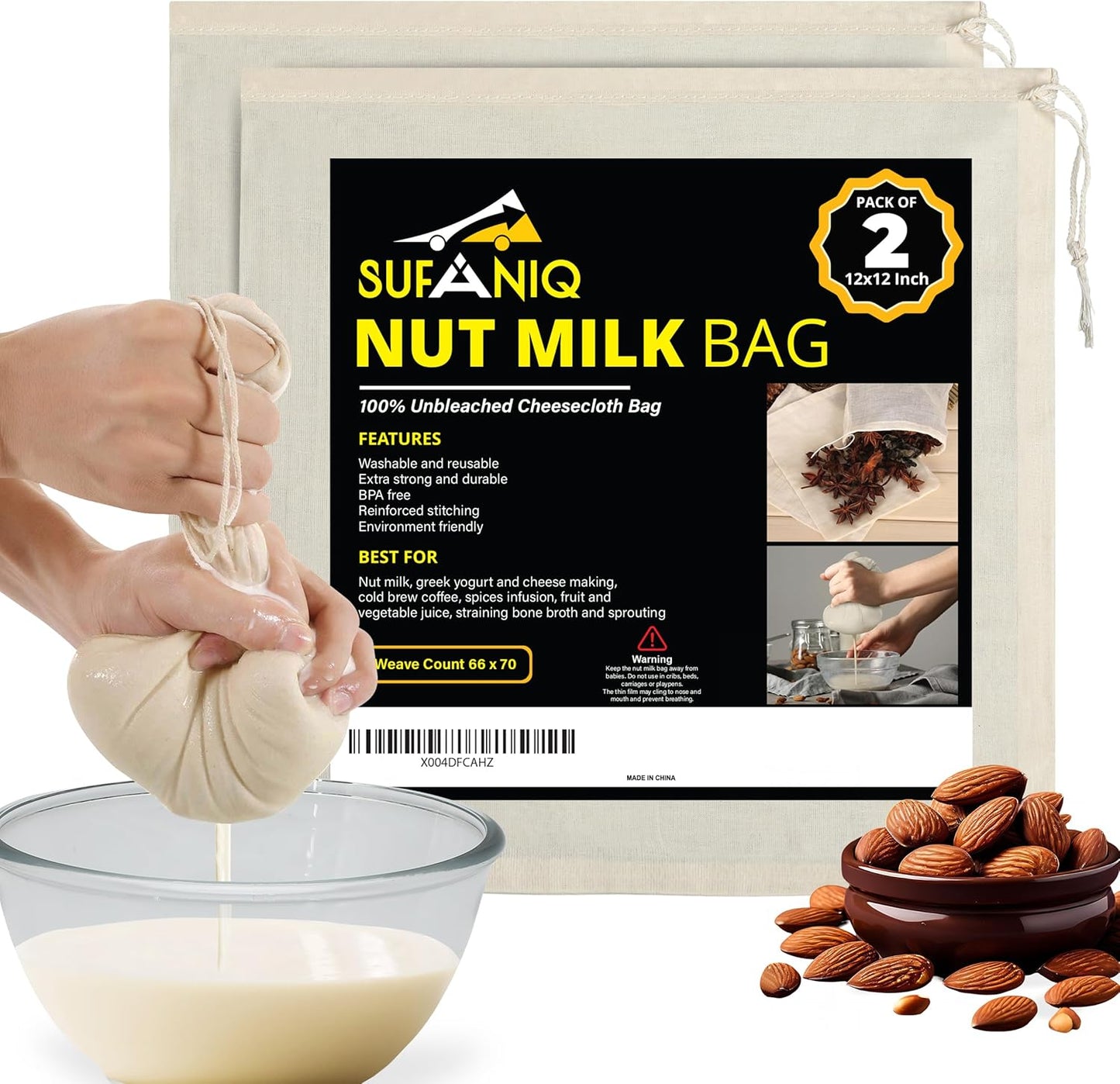 2 (12 12 Inch) 100% SUFANIQ Nut Milk Bag - Bags x Unbleached Cotton Cheese Cloth Bag for Straining, Premium Nut Milk