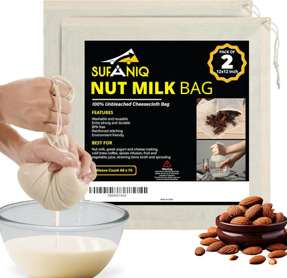 2 (12 12 Inch) 100% SUFANIQ Nut Milk Bag - Bags x Unbleached Cotton Cheese Cloth Bag for Straining, Premium Nut Milk