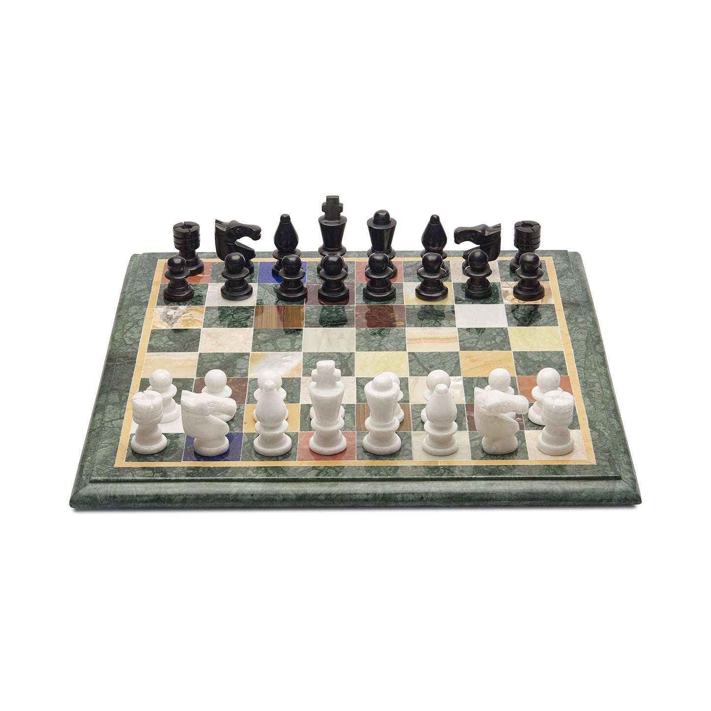 Queenza Green Marble Chess Sets for Adults Unique - 12 Inch Inlaid with Gemstones Handmade Chess Board Game with Alabaster Marble Chess Pieces Set of 32 - Tournament Chess Set with Storage