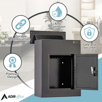 AdirOffice Through The Wall Drop Box Safe - Durable Thick Steel w/Adjustable Chute - Mail Vault for Home Office Hotel Apartment