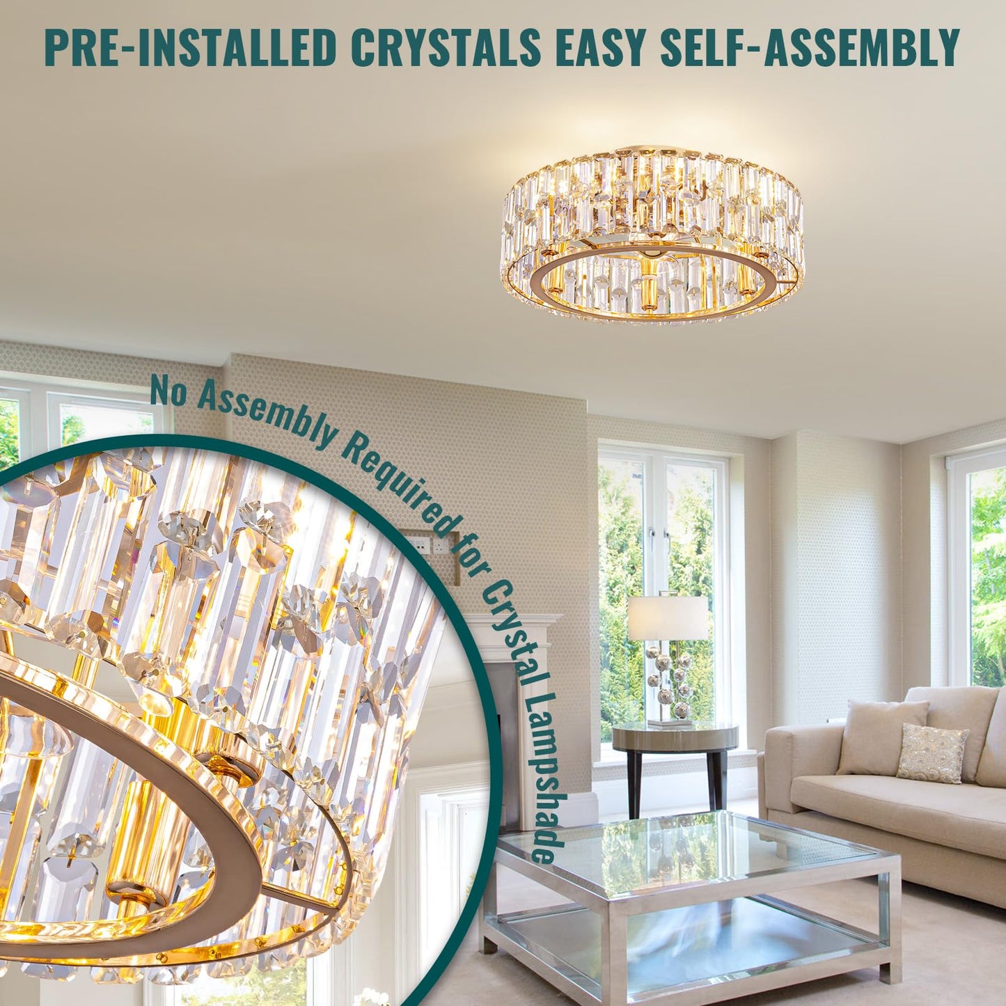 Siljoy 20’’ Gold Crystal Ceiling Fan with Light, Modern Caged Ceiling Fan with Lights and Remote, 6 Speeds Reversible Dimmable Quiet DC Motor Fandelier for Girl’s Bedroom Living Room, 6 x E12