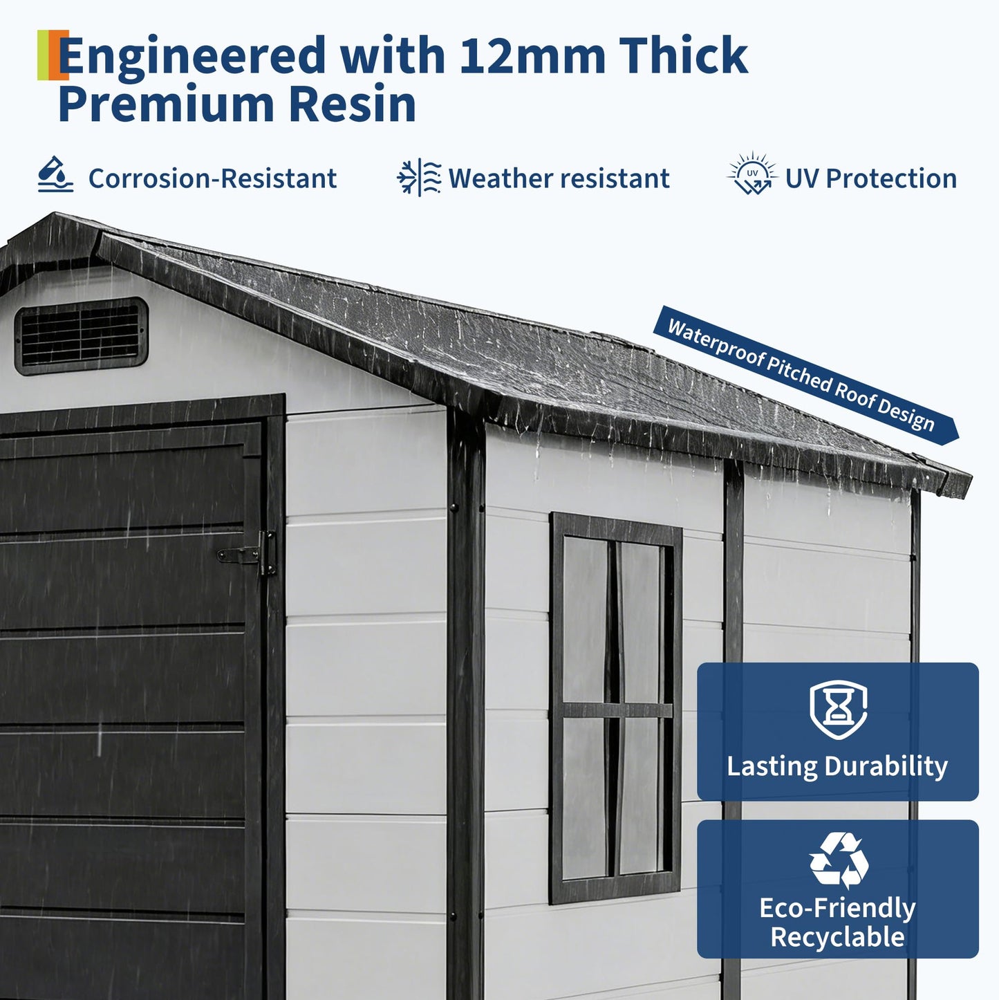 Outdoor Storage Shed with Floor, Plastic Resin Garden Shed with Window & Sloping Roof & Lockable Door for Patio Backyard Garden, Lawn Mower, Bike, Tool Storage (Grayish White + Black, 4' x 6')