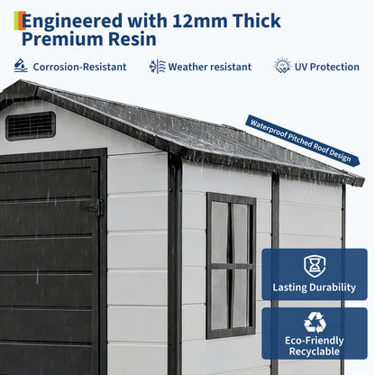 Outdoor Storage Shed with Floor, Plastic Resin Garden Shed with Window & Sloping Roof & Lockable Door for Patio Backyard Garden, Lawn Mower, Bike, Tool Storage (Grayish White + Black, 4' x 6')