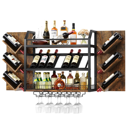 Hoctieon Wall Mounted Wine Rack, 3 Tier Hanging Wine Racks with Glass Holder, Large Capacity Bar Shelves, Metal Wood Bottle Display Storage for Kitchen, Home Bar, Dining Room, Rustic Brown