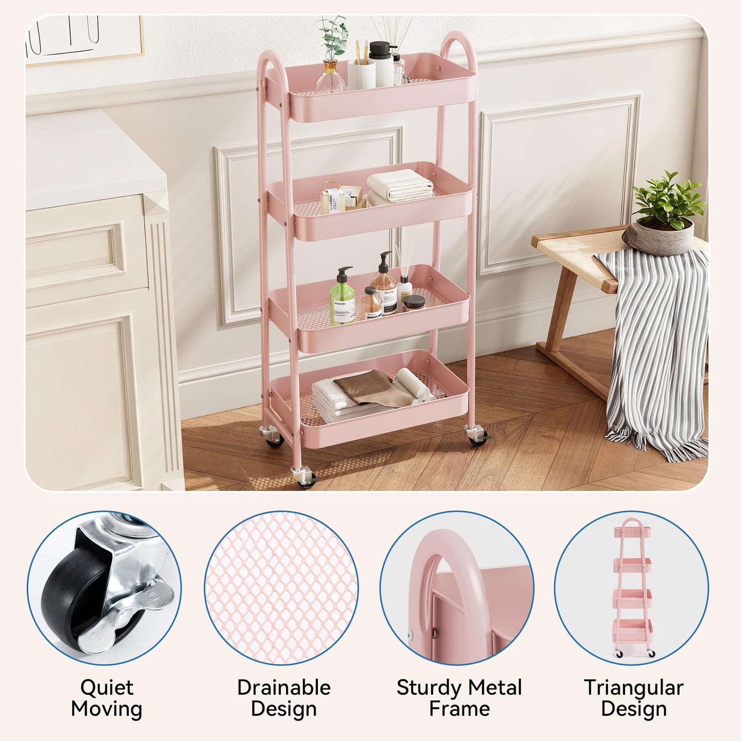 NEWBULIG 4-Tier Metal Rolling Cart with Lockable Wheels, Heavy Duty Mobile Utility Storage Shelf, Roller Book Snack Cart, Organization for Livingroom, Bathroom, Office, Pink