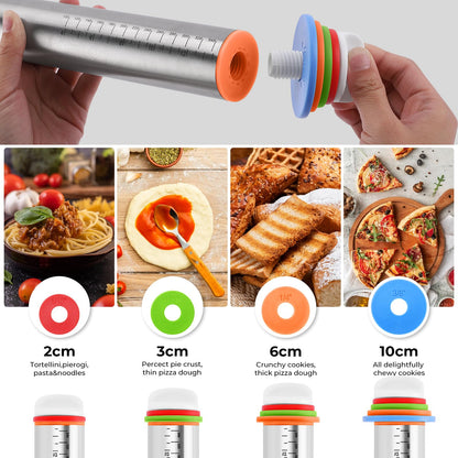 Rolling Pin with Adjustable Thickness Rings and Silicone Baking Pastry Mat Set for Baking,Stainless Steel Dough Roller,Baking Supplies for Cookie Fondant Pizza Cake Pasta(Red)