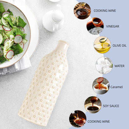 Suybur Ceramic Olive Oil Dispenser Bottle for Kitchen with Gravity Spout, 19 oz Opaque Relief Oil Cruet with Funnel, Oil Container for EVOO, Vinegar, and Soy Sauce (Petal Design)