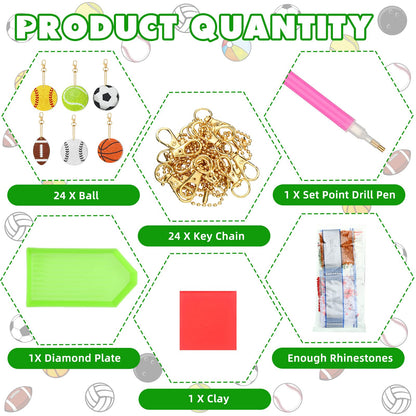 Tudomro 24 Pcs Sports Balls DIY Diamond Art Painting Keychain Kits 5D Soccer Football Baseball Softball Ball Drill Art Key Chain Set for Sports