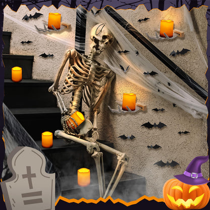 Tuanse 6 Pcs Halloween Skeleton Wall Decorations 3 Witch's Hand Wall Mounted Creepy Hands 3 Lighted Candles 3D Black Spooky Bats Double-Sided Tape for Gothic Halloween Indoor Home Decoration