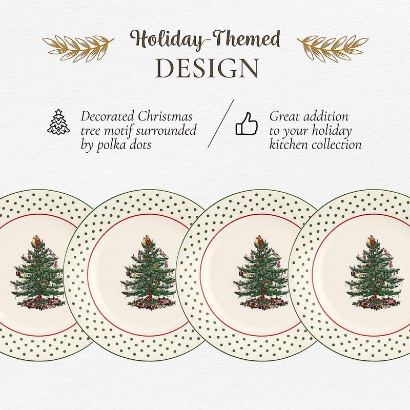 Spode Christmas Tree Polka Dot Dessert Plate (Set of 4) - Festive 8-Inch Stoneware Plates for Holiday Entertaining, Appetizers, Snacks - Microwave, Dishwasher, Freezer Safe Party Appetizer Dishes