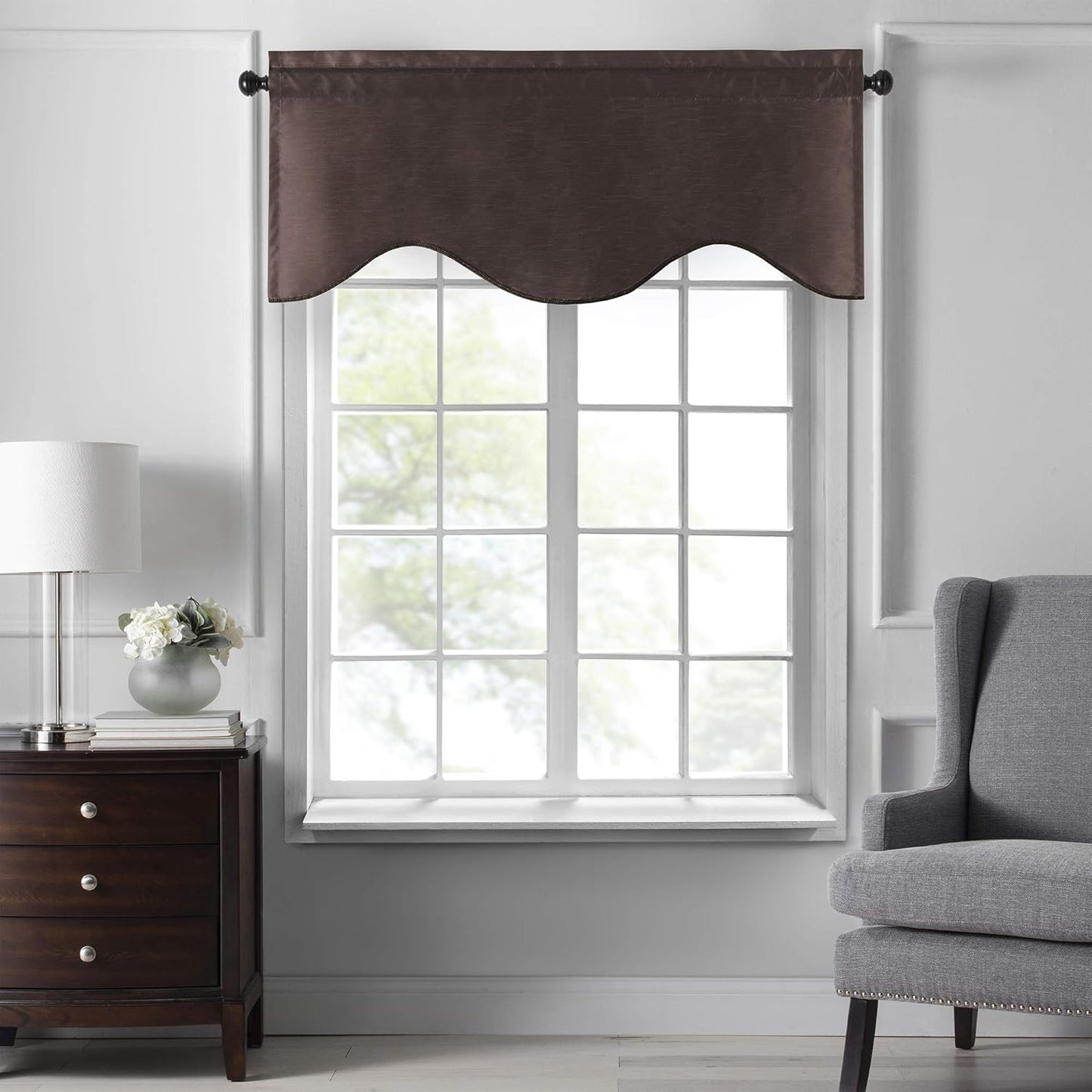 Elrene Home Fashions Colette Faux-Silk Scalloped Window Valance, Chocolate, 50 in x 21 in (Scalloped Valance)