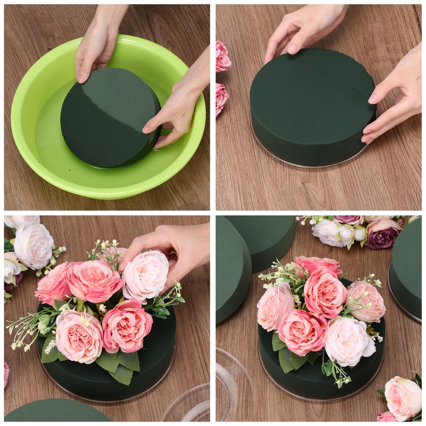 Threlaco 12 Sets Round Floral Foam and Clear Plastic Saucer Plant Drip Tray Floral Flower Dish Green Foam for Artificial Flowers Wedding Home Party Decoration (7 Inches)