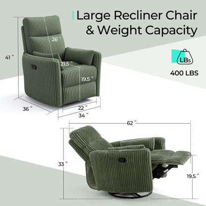 LINSY 360 Swivel Recliner Chair, Nursery Glider Rocking Chair with 2 Pillows, Corduroy Nursing Chair Comfy High Back Adult Rocker Recliner for Small Spaces, Nursery Bedroom Living Room (Green)