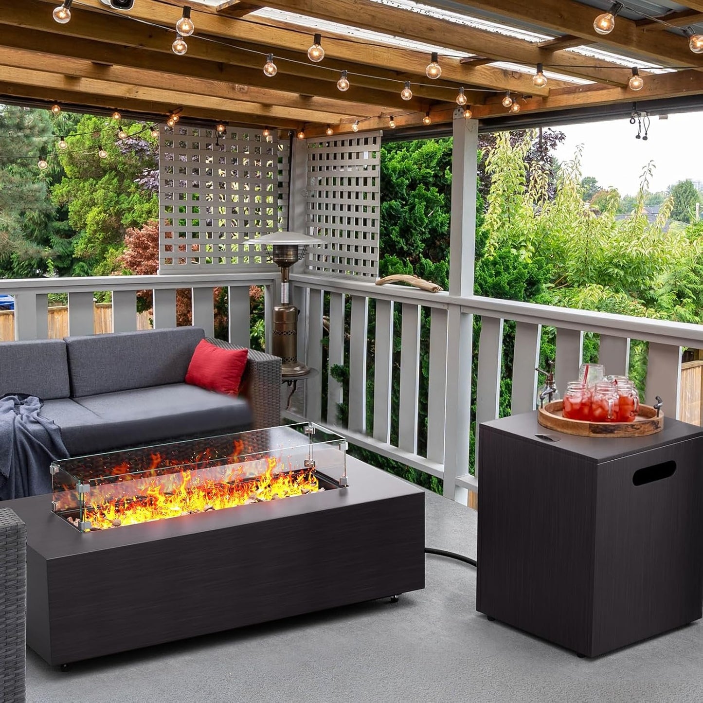 Jocoevol 42in Fire Pit Table Propane Fire Pit 2 Piece Rectangular Gas Fire Pits 50,000 BTU with Wind Guard Propane Tank Cover Table Lava Rocks for Outdoor Outside Patio