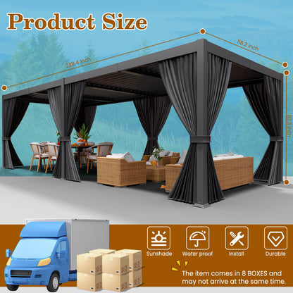 LEVELEVE 10' x 20' Louvered Pergola with Adjustable Roof, Outdoor Metal Patio Gazebo with Curtains & Netting, Gutter System, Large Hardtop Canopy for Garden, Deck, Backyard