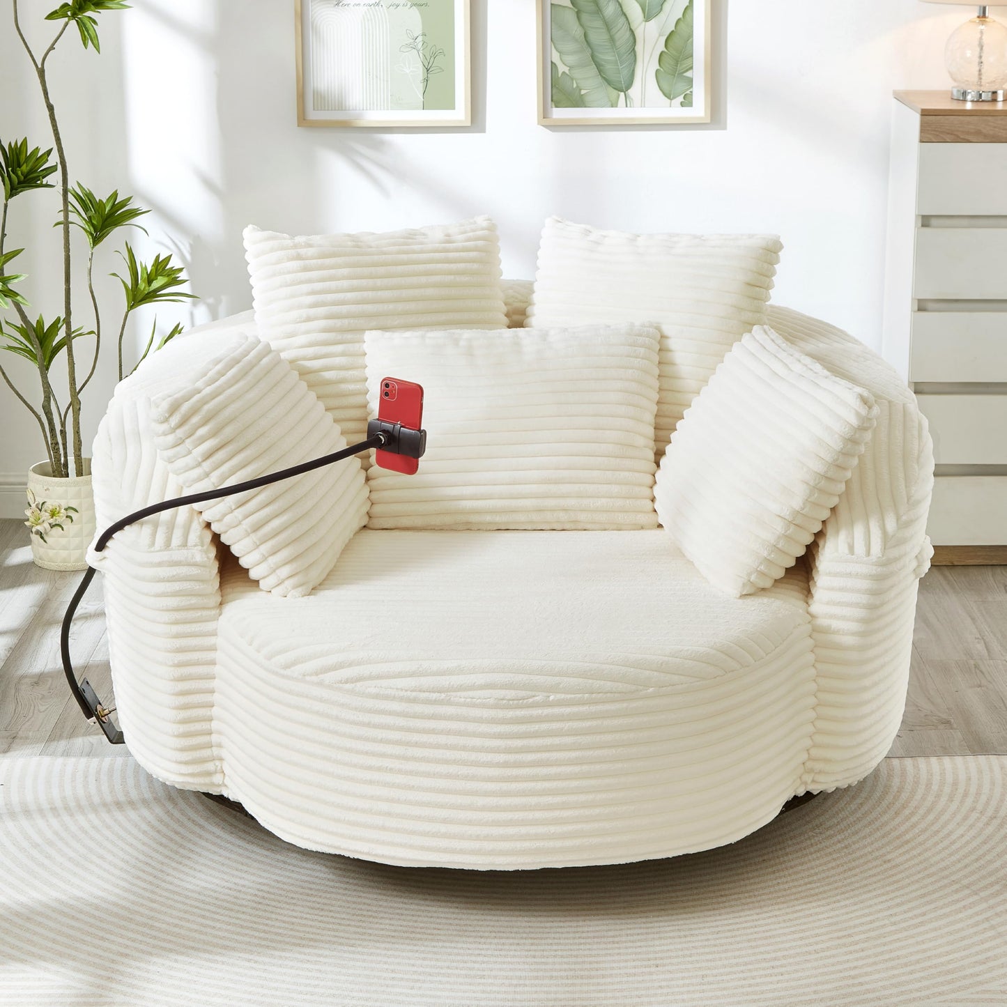 ERYE 360° Swivel Accent Barrel Chair Round Sofa Chaise with 5 Pillows and Adjustable Phone Holder, Modern Round Lazy Armchair for Living Room, Bedroom, Office and Hotel