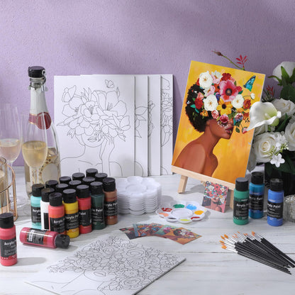 AmazingSpark 6 Set Paint and Sip Kit for Adults 8"x 10" Pre Drawn Canvas for Painting DIY Acrylic Paint Set Canvas Panels Wood Easel, 24 Colors 60ml 2oz Date Night Easter Party Favors(Art Lady)