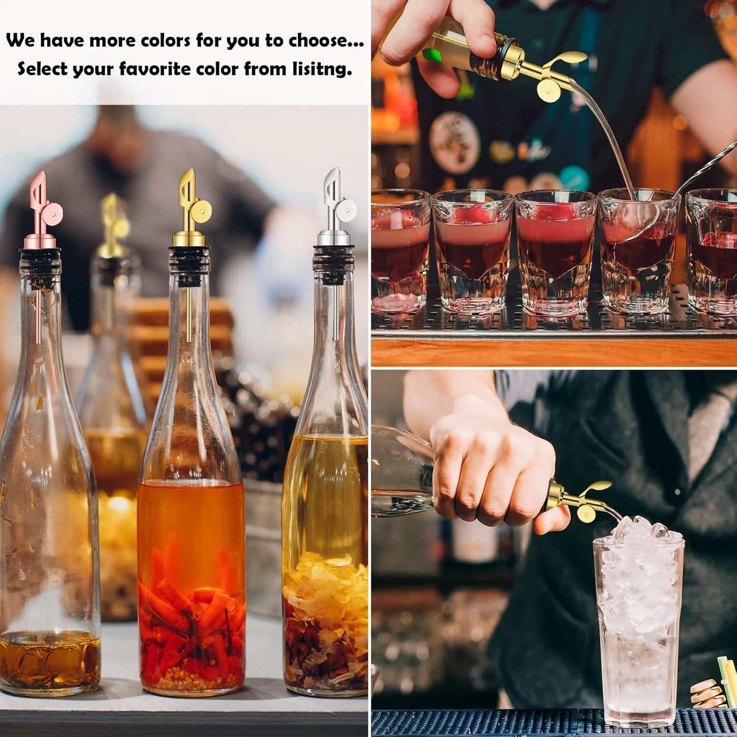 1 Wine(Gold-6Pcs) WAFJAMF Weighted Stainless Steel Bottle Pourers, Auto Flip Feature Self Closing Olive Oil Dispenser