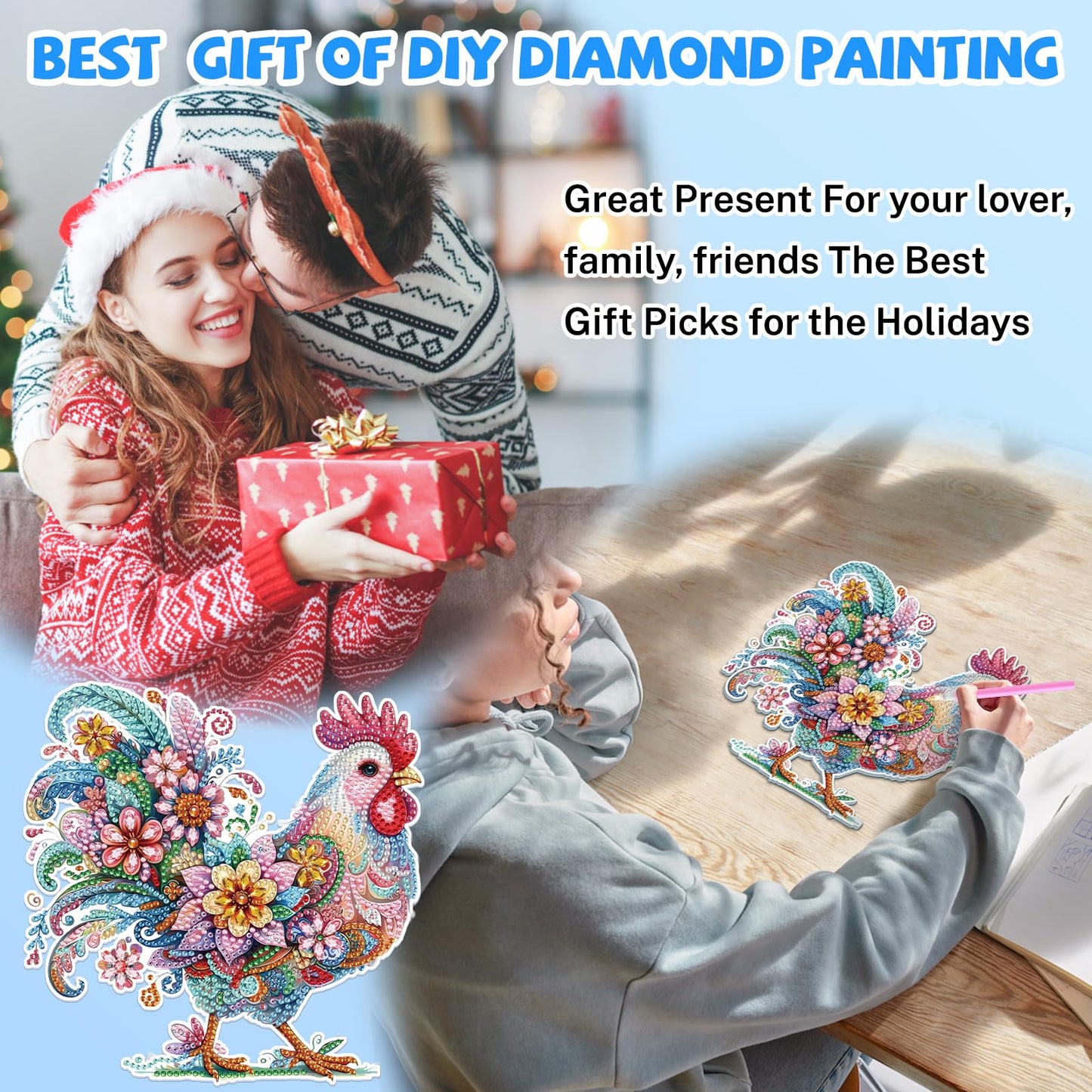 Bowetile Chicken Hanging Diamond Art Painting Kits for Adults, 5D Special Shape Diamond Art Chicken Kits, Crystal Diamond Gem Art Suncatchers Painting Pendant for Home Wall Decor