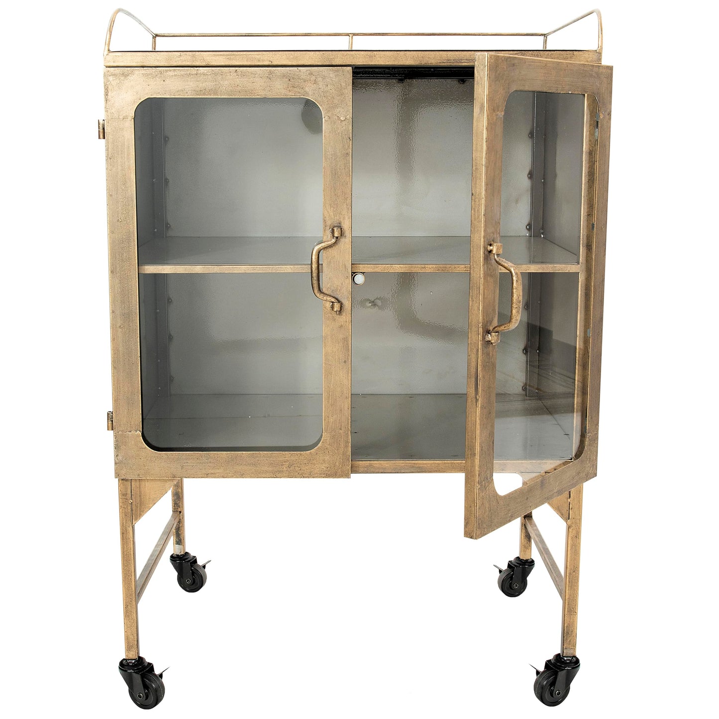 Creative Co-Op Vintage Metal Bar Cabinet with Glass Doors and Wheels, Antique Brass