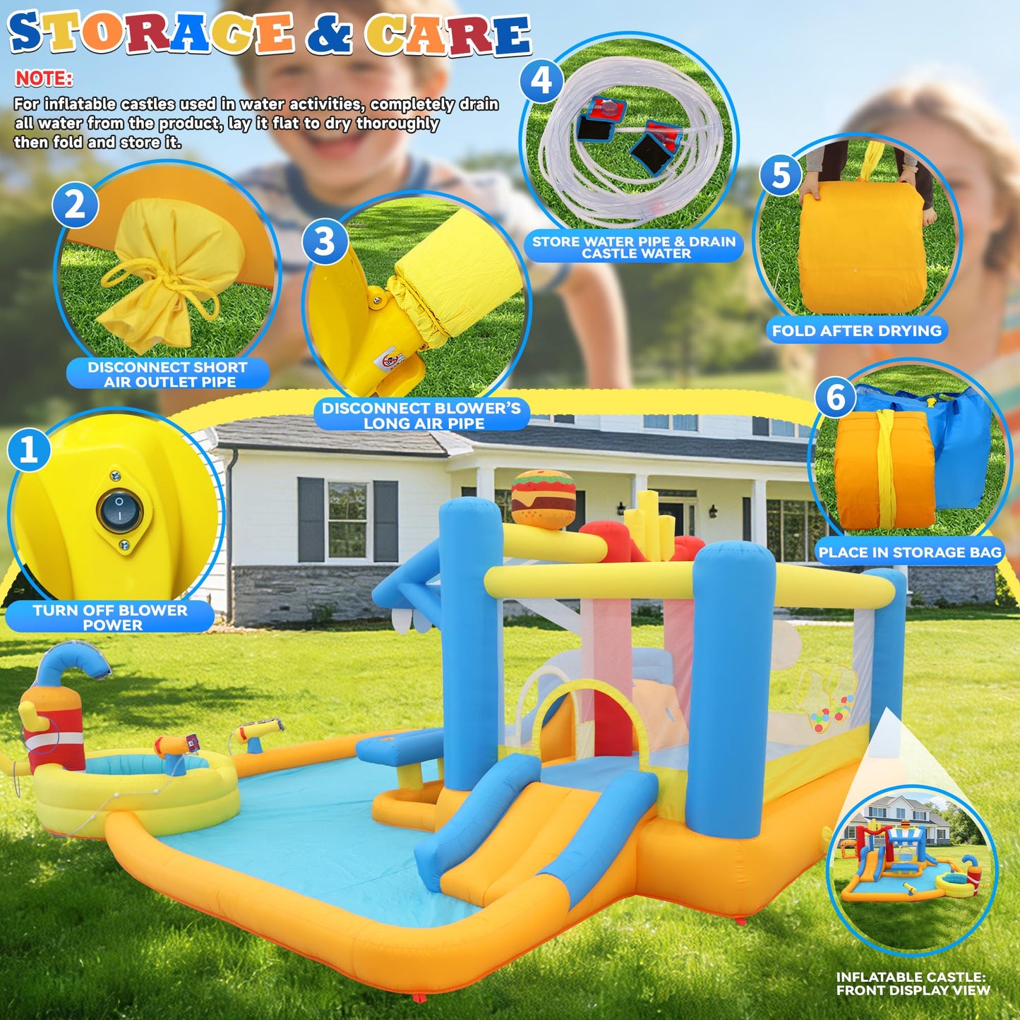 Large Inflatable Water Slide Park for Big Kids, 13-in-1 Bounce House Water Slide with Double Slides, Blower, Splash Pool, Deep Pool, 16X15X7.7ft Burger Theme Party Outdoor Backyard Blow Up Water Slide