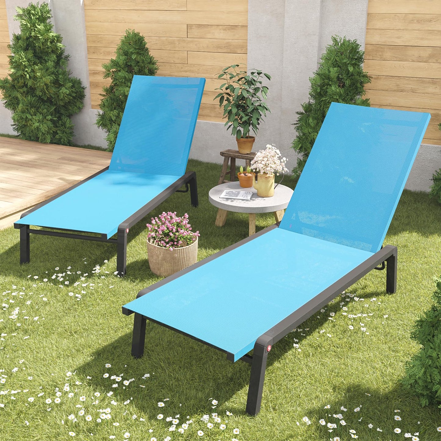 FHVIT Patio Chaise Lounge Set of 2 with 4 Adjustable Backrest, Foldable Aluminum Chaise Lounge Chair Recliner for Outdoor, Poolside, Sun Tanning Blue