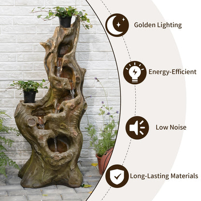 Sunlinua Water Fountain Outdoor 5-Tiers Large Cascading Realistic Tree Trunk Natural Waterfall Outdoor Fountains Resin Imitation Wood with LED Lights for Garden, Patio, Porch