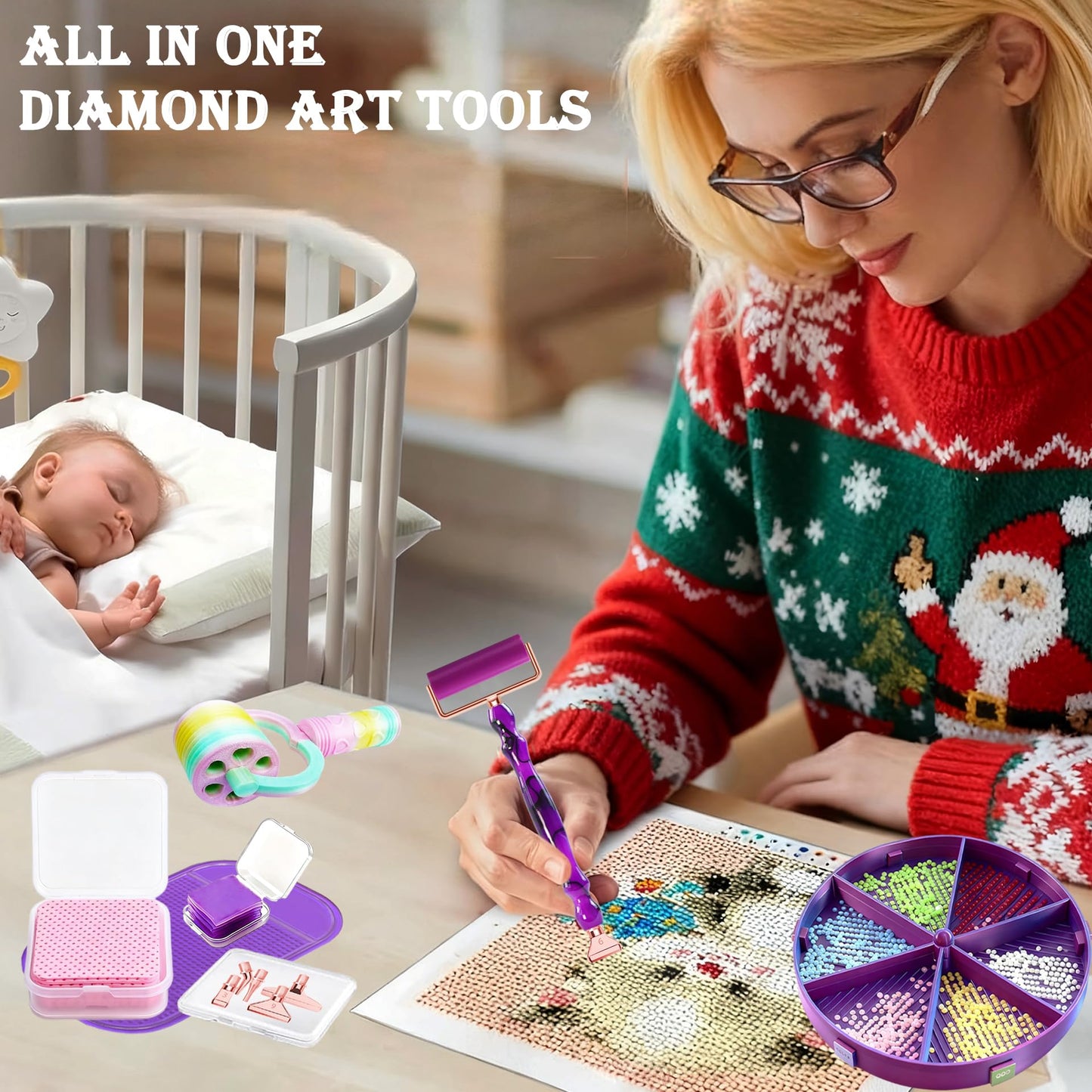 jecxucci Diamond Painting Art Drill Bead Dot Pen Kit with 6pcs Stainless Steel Tips, 6 Glue Clays, Diamond Art Roller and 50Pcs Cleaner Paper, 5D Diamond Painting Trays Sticky Pad (Purple + Rose Red)