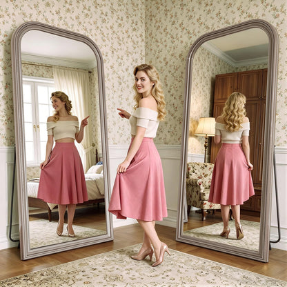 FlyEcho Full Length Mirror with Stand, 71"x32" Full Body Mirror, Floor Length Mirrors Wall Mounted with Rounded Top, Large Standing Mirrors, PU Frame, for Bedroom Living Room Cloakroom, Antique Sliver