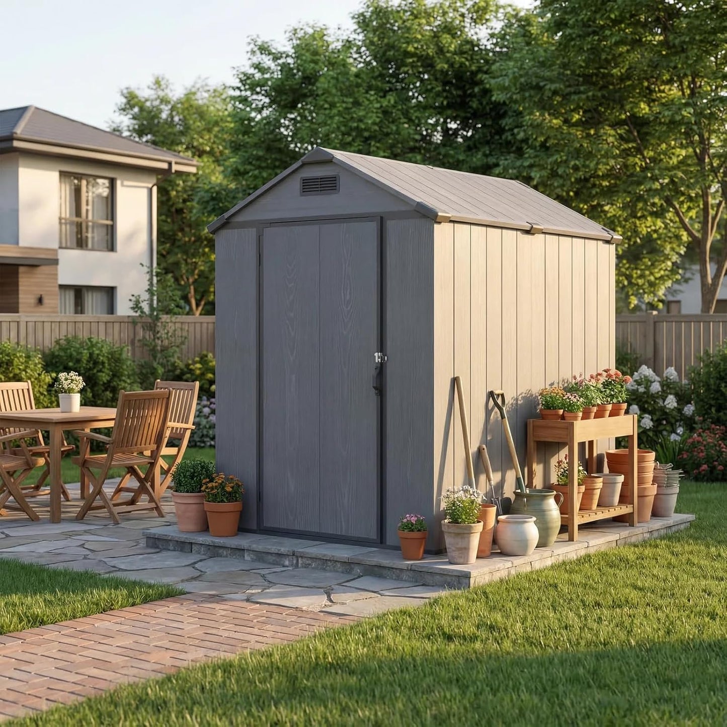 Patiowell 4x6 FT Plastic Outdoor Storage Shed with Floor, Resin Outside Shed with Lockable Door and Vents, Garden Sheds for Backyard, Patio, Lawn Mower, Dark Grey