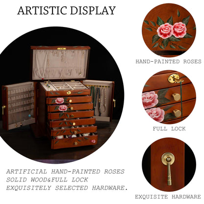 Xloverise Hand-Painted Wooden Jewelry Box,jewelry boxes for women，jewlrey box&organizers with necklace hanger,jewerly organizer,10-layer large capacity jewelry storage box for jewelry