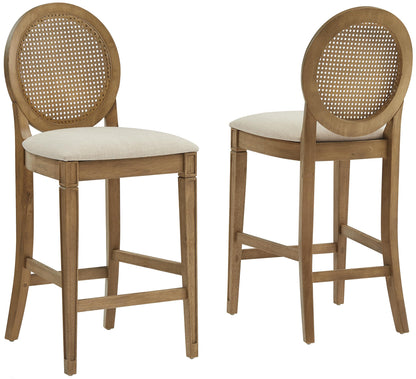 Crosley Furniture Katia Traditional Oval Cane-Back Counter Height Stool Set of 2, Upholstered Bar Stools, Driftwood/Crème