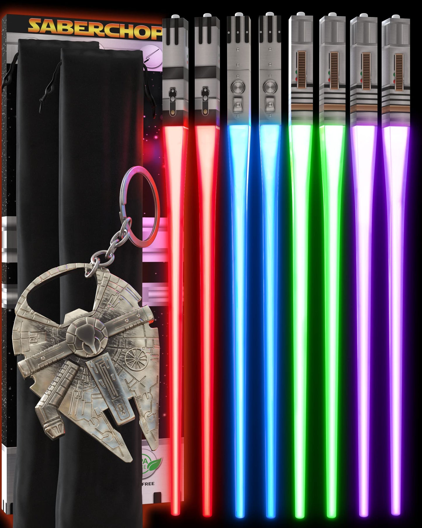LIGHTSABER CHOPSTICKS LIGHT UP STAR WARS CHOPSTICK LED Glowing Light Saber Chop Sticks REUSABLE Sushi Sabers Cool Fun Geeky STARWARS Chop Stick Set 4 PAIRS FREE Keychain Bottle Opener & Pouch Gift Box