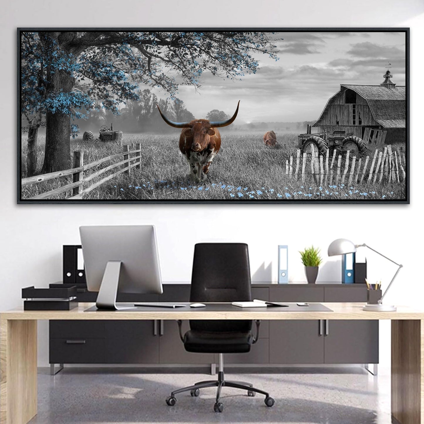 yiijeah Rustic Wall Art - Western Home Decor Cow Picture 86x39 Inches Extra Large Rustic Longhorn Living Room Bedroom Canvas Framed Artwork Farmhouse Wall Decor