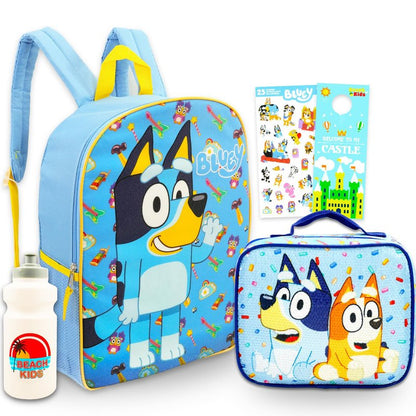 Bluey Backpack with Lunch Bag for Kids, Boys, Girls - Bundle with 15” School Bag, Lunch Box, Water Bottle, Stickers, More | Bluey Backpack and Lunchbox Set