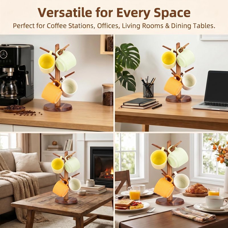 E-ROOM TREND Coffee Mug Holder Countertop Natural Acacia Wood Mug Tree, Wooden Mug Organizer with 6 Hooks for Kitchen Coffee Bar, Easy to Assemble, Ideal for Small to Medium Mugs