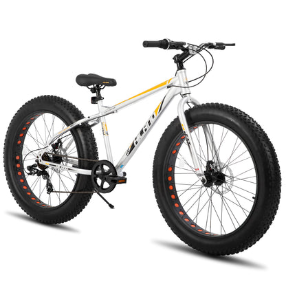 HH HILAND 26 Inch Kids' Bicycles Fat Tire Mountain Bike for Boys and Girls, 7-Speed, Dual-Disc Brake, Kids Beach and Snow Bicycle Sliver