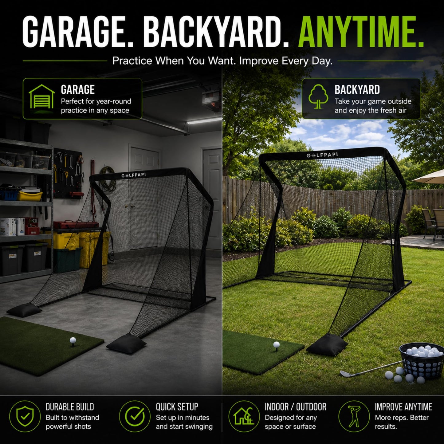 GOLF PAPI Golf Practice Net – 7.5 ft Compact Golf Hitting Net with Steel Frame and Side Net Protection – Indoor & Outdoor Golf Training Net for Backyard, Garage, or Simulator Use