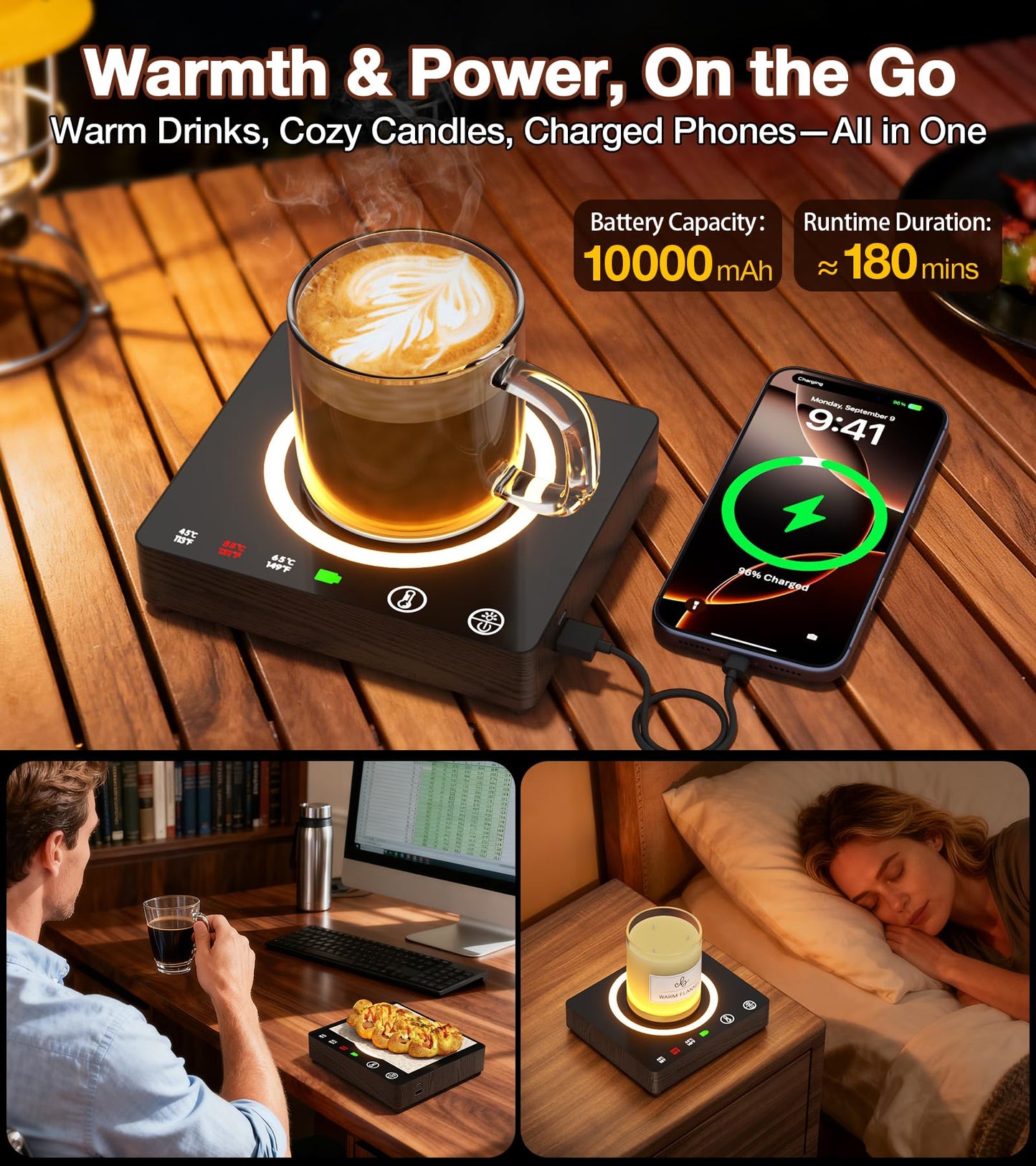 Mug Warmer, Cordless 180 Min Battery Life, 10000mAh Portable Charger, Wireless Coffee Cup Warmer for Desk, 3 Temp Settings, Smart Candle Heat Plate for Home, Office, Travel, Camping & Gifts for Men