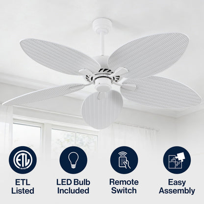 JONATHAN Y 52" White Metal Tropical Palm Leaf Blades Ceiling Fan Coastal Bohemian for Living Room Mobile App and Remote Control 6-Speed Sloped Ceiling Compatible JYL9719D