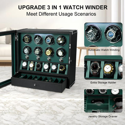 DUKWIN Watch Winder for 6 Automatic Watches,Lockable Watch Winders with Watch and Jewelry Storages, Super Quiet Mabuchi Motor with High-Gloss Piano Lacquer Finish,Built-in Illumination-White