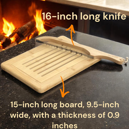 Bread Cutting Board, Bread slicer,Crumb Tray with holder,Bread Serving for Kitchen-Complete set for Slicing Homemade Bread- bow knife (16") Cutting Board (15x9,5") with Crumb