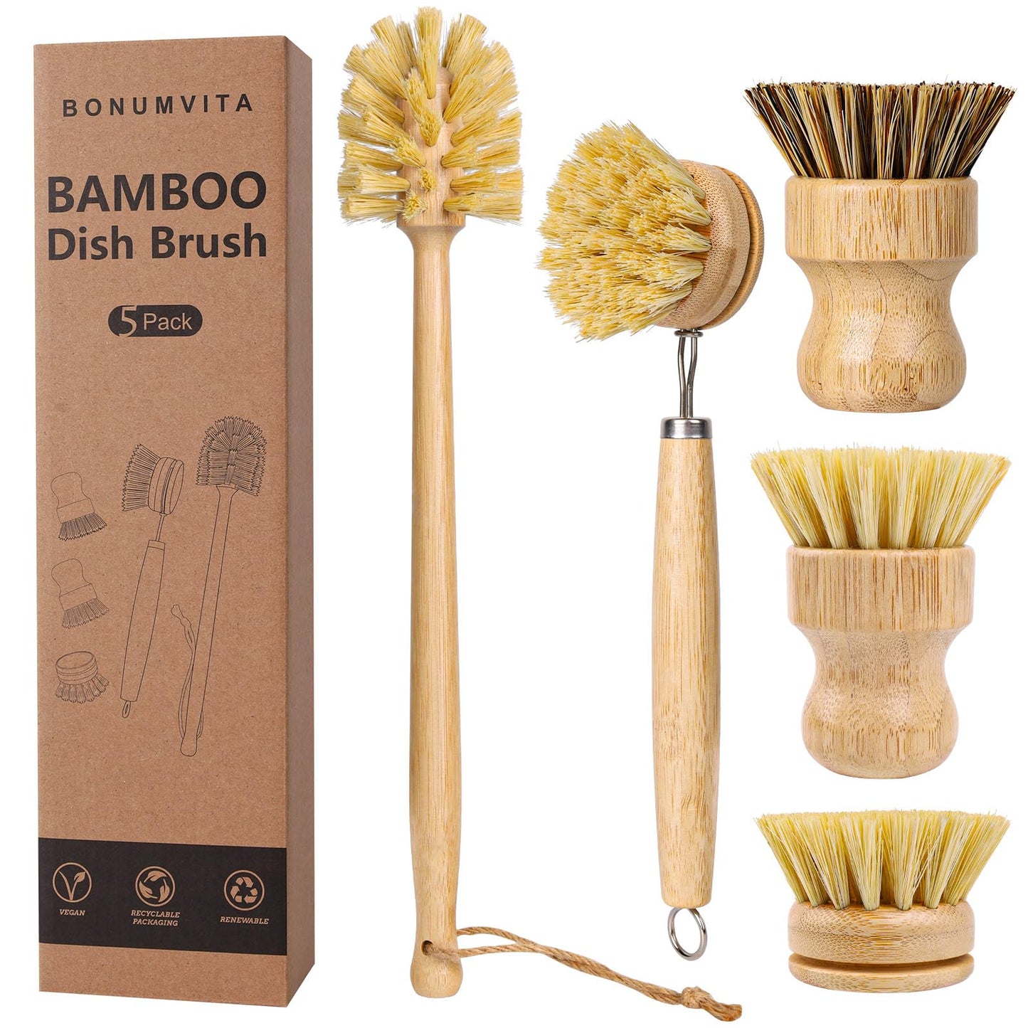 BONUMVITA 5 Pack Bamboo Dish Brush Set, Wooden Dish Brush with 14’’ Bottle Brush, Natural Kitchen Scrub Brush for Dishes Pots, Pans, Sinks, Woks, Vegetables