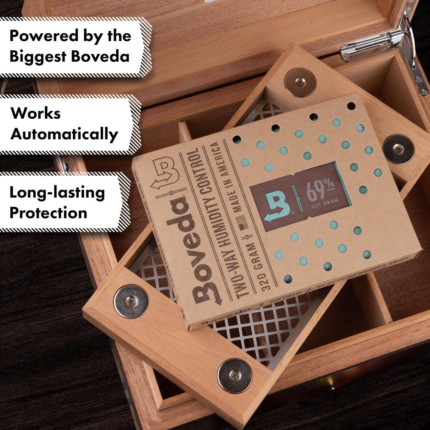 Boveda Bespoke Spanish Cedar Humidor Cigar Box with Macassar Ebony Matte Finish, Custom-Built Holder, Includes 84% Seasoning Packs and 69% Size 320 Humidity Pack, 50 Cigar Capacity