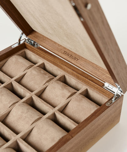 TAWBURY Wooden Watch Case - 12 Slot Wood Watch Box for Men & Women with Protective Fully Lined Interior and 2-inch Wide Pillows for Small & Large Watches (Classic Walnut)